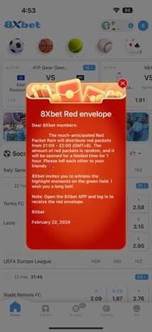Hình ảnh minh họa cho việc mở ứng dụng 8xbet và đăng nhập để nhận phong bao lì xì đỏ.